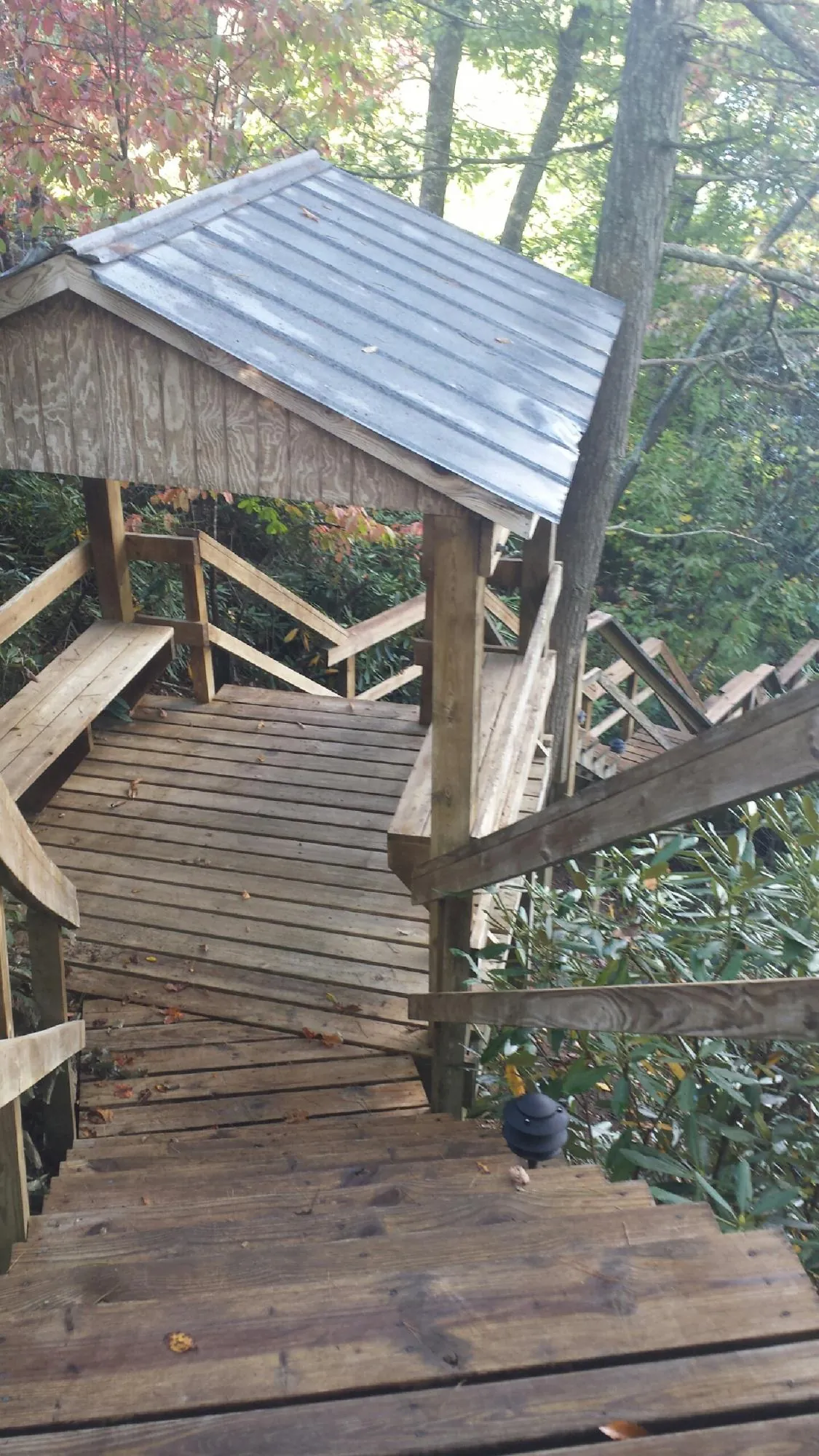 Metal roofed shelter over wooden steps on a wooded walkway — Skylight Repair & Installation work by our crew in Spiritwood